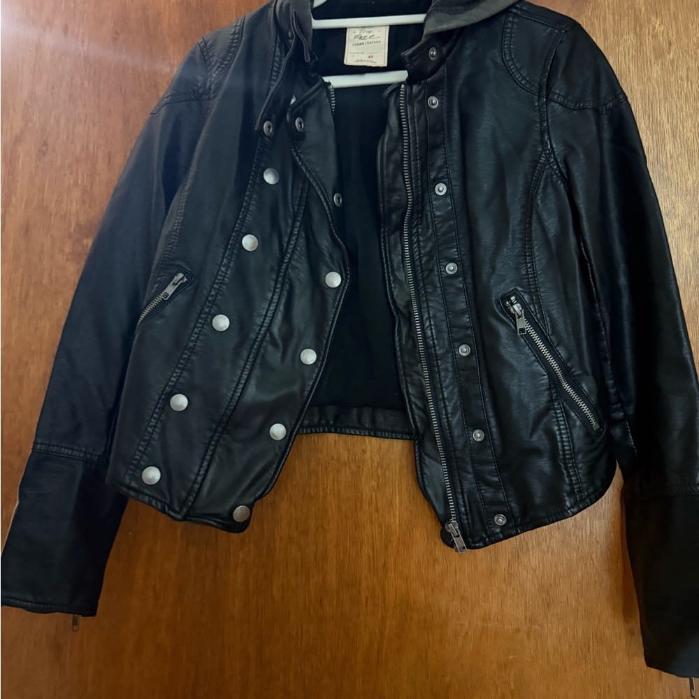 Free People Black Leather Jacket with Hood